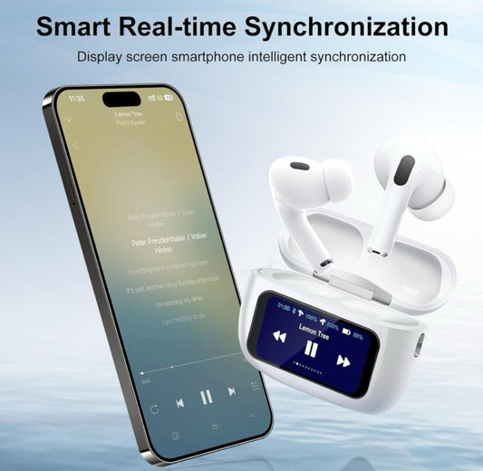 bSmart Touchscreen Bluetooth Earbuds, Full-Color Display, AI Interaction, Offline Playback, Waterproof, Wireless Charging,