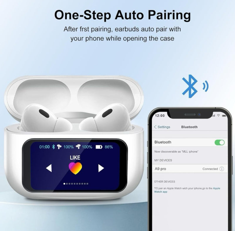 bSmart Touchscreen Bluetooth Earbuds, Full-Color Display, AI Interaction, Offline Playback, Waterproof, Wireless Charging,