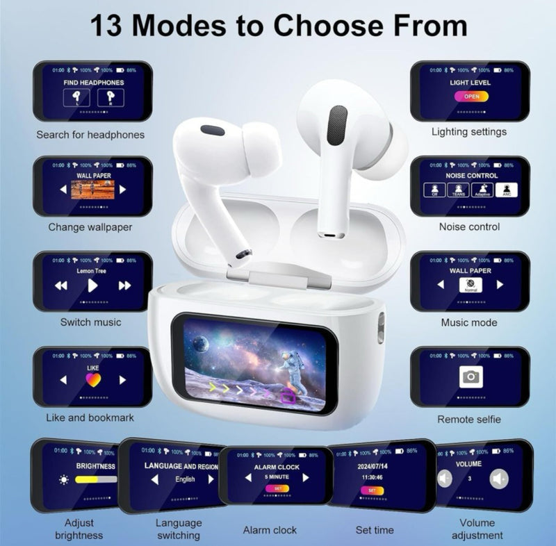 bSmart Touchscreen Bluetooth Earbuds, Full-Color Display, AI Interaction, Offline Playback, Waterproof, Wireless Charging,